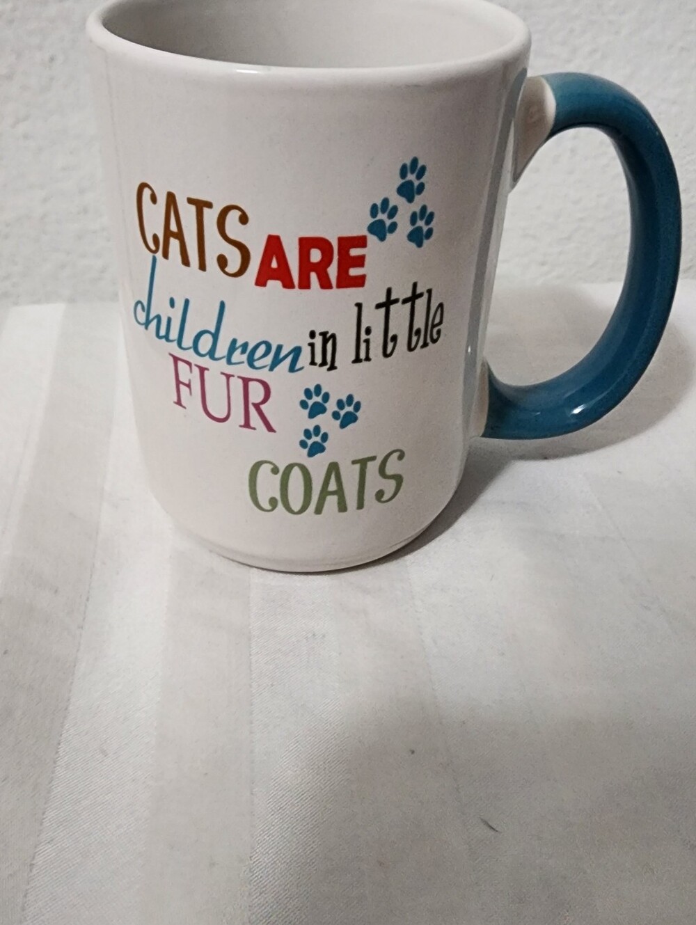 Blue-Handle Cat Mug - 'Cats Are Children' Ceramic Coffee Cup